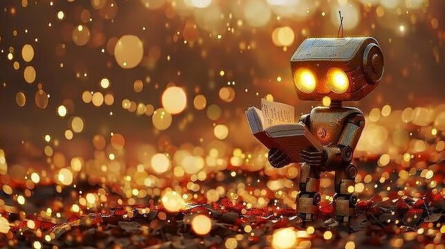 Human like ai robot holding book amid holographic math formulas, blurred background with copy space