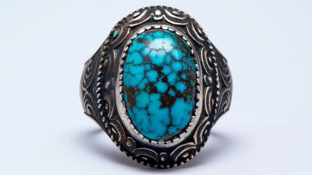 A vibrant turquoise ring with intricate silver metalwork showcased clearly against a clean, white background