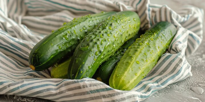 Dew-Kissed Cucumbers on Classic Striped Cloth with Natural Vibe