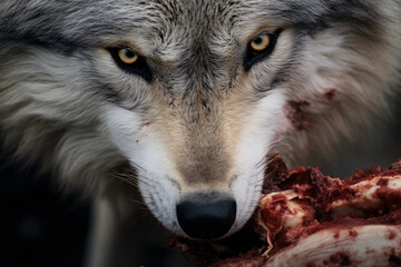 Close up of wild wolf eating meat from dead hunted prey animal - obrazy, fototapety, plakaty