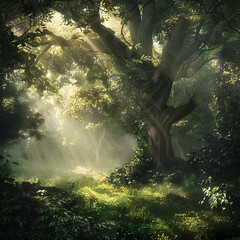 Peaceful forest glade with dappled sunlight. - obrazy, fototapety, plakaty