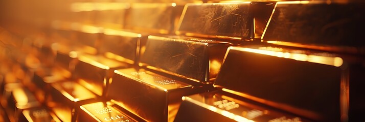 A pile of gold bars stacked together on a solid color background.