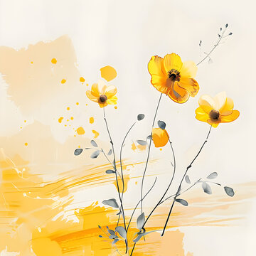 Abstract, beautiful minimalistic background with yellow flowers.