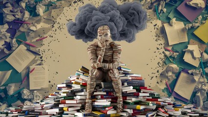 Person with smoking head sitting on a pile of books, overwhelmed with information, conceptual art - obrazy, fototapety, plakaty