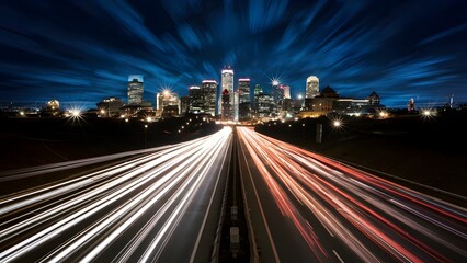 Fototapeta premium Highway to the city, busy road traffic at night, moving cars light trails, long exposure photo