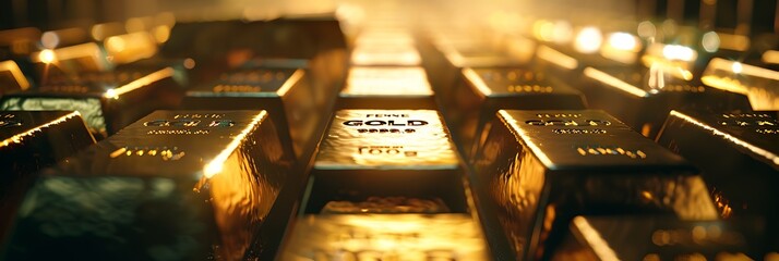 Shiny gold bars stacked in a secure vault, symbolizing wealth and prosperity, on a black background - obrazy, fototapety, plakaty