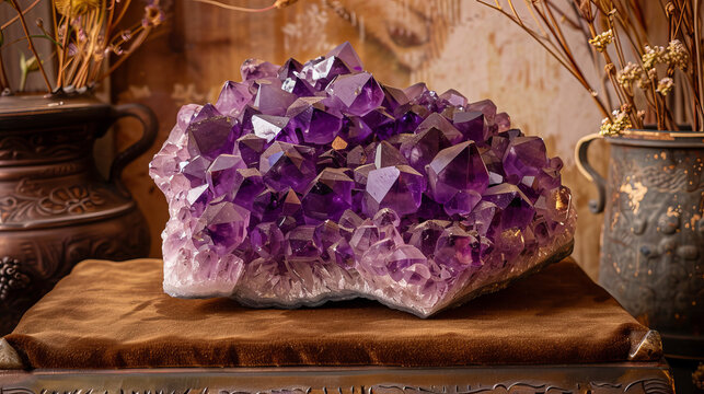 A large amethyst geode rests on a wooden surface, showcasing its deep purple crystals and unique natural formation