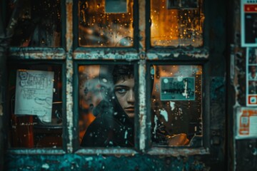 Pensive Young Man Looking Through Rainy Window
