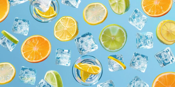 A glass and flying oranges, a vibrant wallpaper with fruits and ice cubes 🍊✨. Refreshing citrus delight for your background!