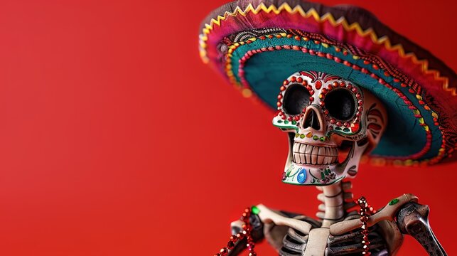 Superb Skeleton wearing a Mexican sombrero, Cinco de Mayo, copy space