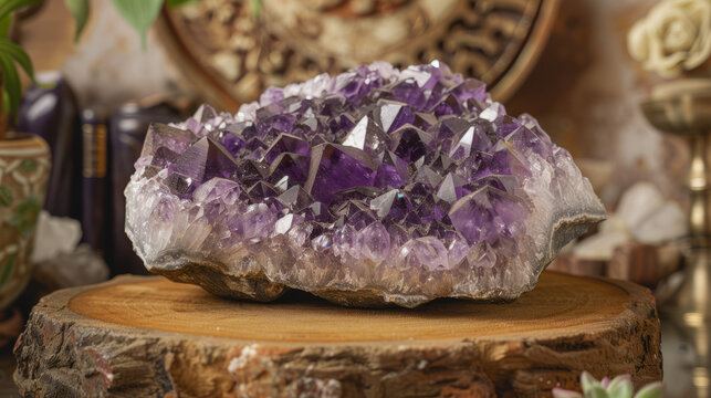 A vivid purple amethyst geode sits atop a piece of rustic wood, bringing an earthy yet luxurious feel to the image