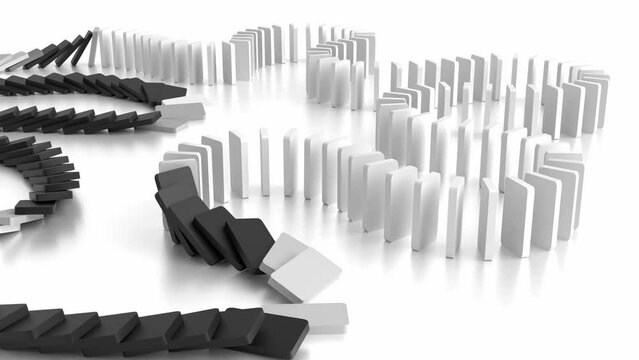 domino effect chain reaction 3d animation. Can be used to represent economic collapse, market instability or business insurance prevention