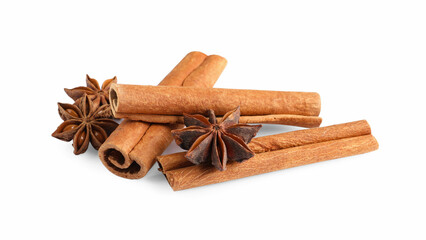 Cinnamon sticks and anise stars isolated on white