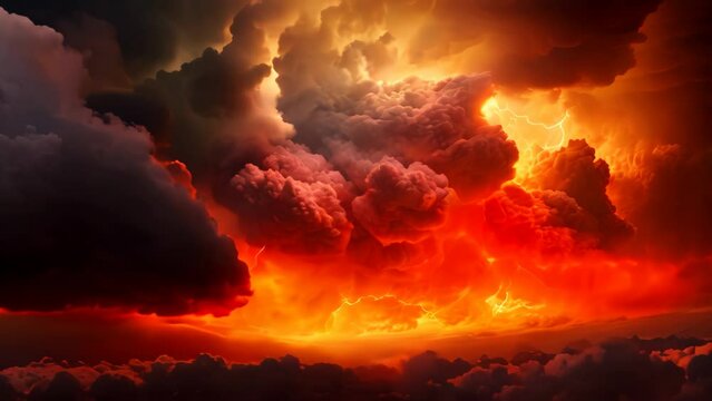 Image of explosion and cloud with lightning at night. Collage, A fire hurricane ravages the cloudscape in the sky, visually representing climate change-induced apocalypse and, AI Generated