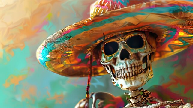 Attractive Skull wearing a mexican sombrero, Mexico traditional celebration