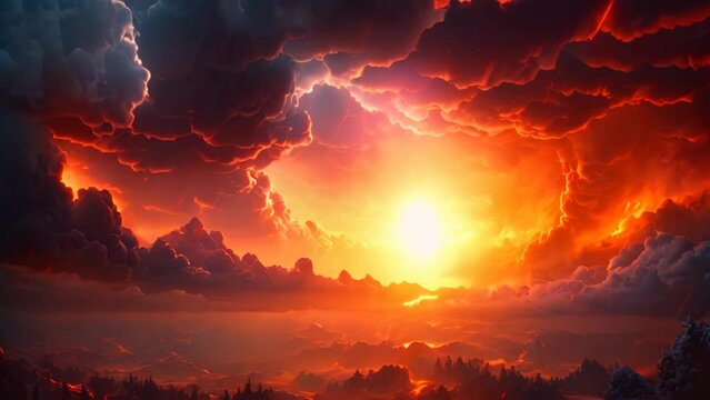 Fantasy landscape with red sky and dark clouds. 3d rendering, A fire hurricane ravages the cloudscape in the sky, visually representing climate change-induced apocalypse and, AI Generated