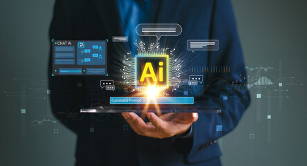 AI help analysis business concept. Artificial intelligence technology assistance in futuristic daily life, customer service. Businessman use Smartphone AI application. Modern technology to help work.