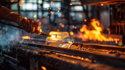  A captivating mix of fire and glass, with a trained artisan bringing a train-inspired sculpture to life in the heat and intensity of the furnace - obrazy, fototapety, plakaty