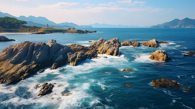 Aerial view of sea waves and fantastic Rocky coast mountain