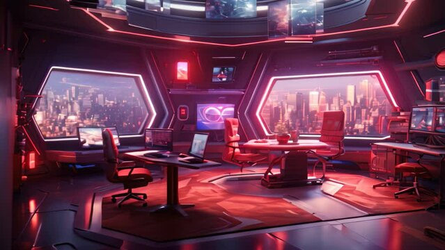 Spaceship interior with a view on the city. 3D rendering, A futuristic gaming room with an abundance of gaming equipment is presented in 3D rendering, AI Generated