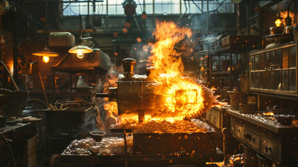 A train-shaped bottle is starting to take shape in the carefully regulated pandemonium of a glassblower's workshop, where flames are screaming in the furnace - obrazy, fototapety, plakaty