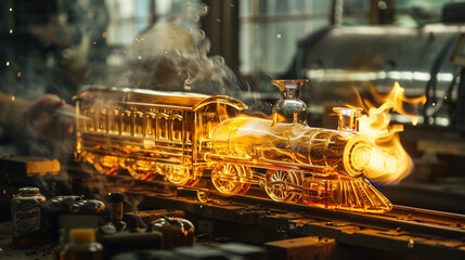  Flames curling up from a glassblower's work area, illuminating the tedious process of creating a bottle in the shape of a train. - obrazy, fototapety, plakaty