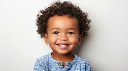 Engaging and adorable young child with curly hair, smiling and making eye contact with the camera