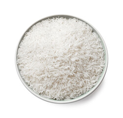 Raw basmati rice in bowl isolated on white, top view