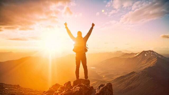 Hiker with raised hands standing on top of a mountain and enjoying sunrise, A hiker celebrating success on the summit of a mountain, hands raised high, AI Generated