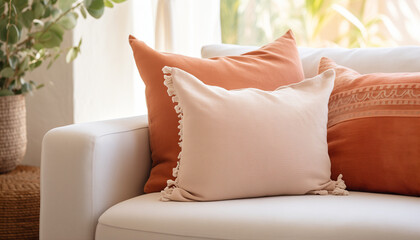 A minimalist living room interior with a comfortable white sofa and stylish throw pillows in...