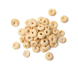Tasty sweet cereal rings isolated on white, top view