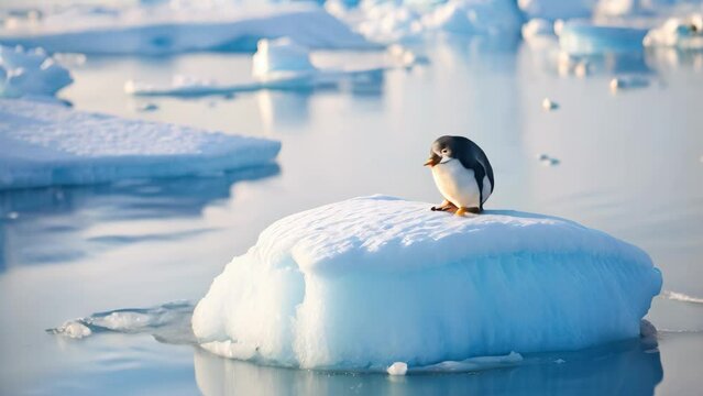 Gentoo penguin Pygoscelis papua on ice floe, A lone penguin on a melting ice floe representing climate change and global warming, AI Generated