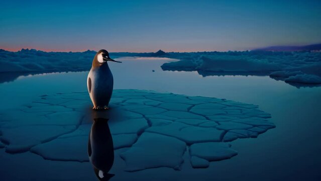 penguin on ice floe at sunset. 3d render, A lone penguin on a melting ice floe representing climate change and global warming, AI Generated