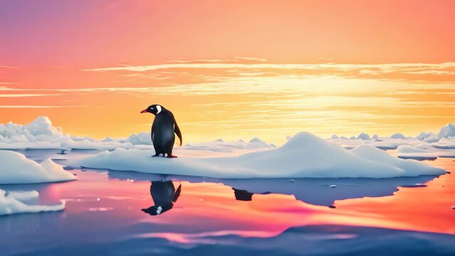 Penguin on the ice floe at sunset. 3d render, A lone penguin on a melting ice floe representing climate change and global warming, AI Generated