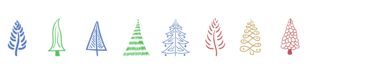 Christmas tree icon brush hand drawn stroke ink design element silhouette set. Doodle ink seamless pattern for New Year. Festive decoration. Abstract doodle drawing of wood. Vector illustration.