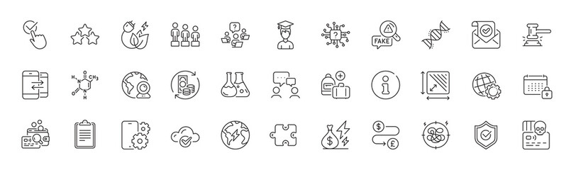 Fake news, Chemistry dna and Video conference line icons. Pack of Teamwork question, Phone service, Student icon. Puzzle, Approved shield, Electricity pictogram. Judge hammer. Line icons. Vector