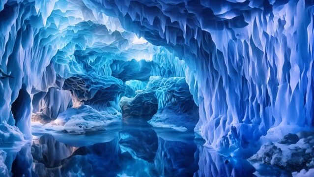 Interior of a blue cave with stalactites and icicles, A mesmerizing underwater cave system full of stunning stalactite formations, bioluminescent creatures, and hidden chambers, AI Generated