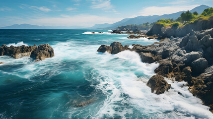 Aerial view of sea waves and fantastic Rocky coast mountain