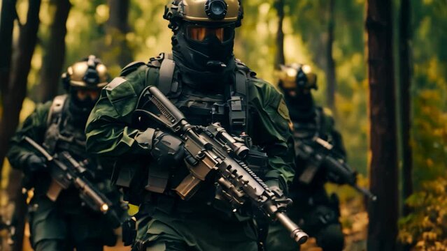 Special forces soldiers with assault rifle in the forest. Selective focus, A military special force equipped with futuristic tactical gear and weapons, Modern warfare infantry troops, AI Generated