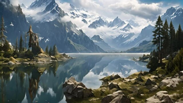 Mountain landscape with lake and forest in the foreground. Digital painting, A mountain lake, AI Generated