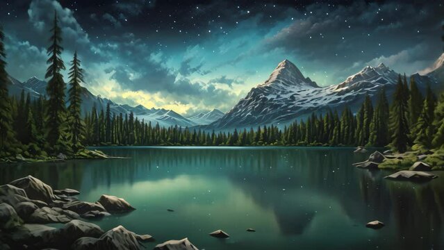 Mountain lake in the forest at night. Elements of this image furnished by NASA, A mountain lake, AI Generated
