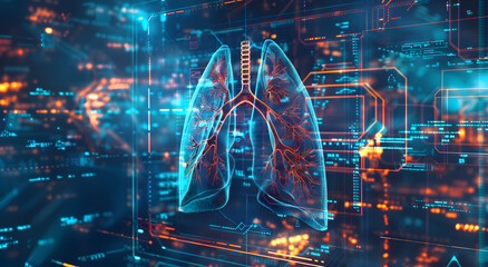 Futuristic digital lungs interface over a tech network background, representing advanced medical technology or virtual healthcare.