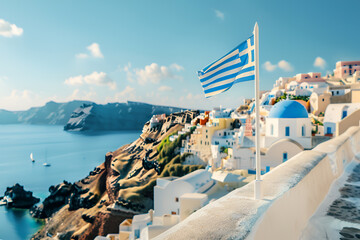 Greece Flag Waving. Santorini Skyline in the Background. Modern city architecture. Country flag concept. Beautiful landscape view. - obrazy, fototapety, plakaty