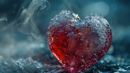 Heart wrapped in ice, with steam rising around, symbolizing inflammation reduction in a dramatic, cold environment