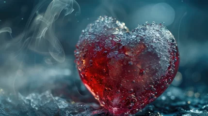 Fotobehang Heart wrapped in ice, with steam rising around, symbolizing inflammation reduction in a dramatic, cold environment © komgritch