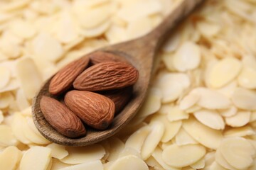 Spoon with fresh almond on flakes, closeup
