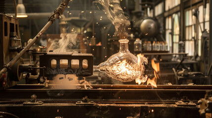  The orderly mayhem of a glassblower's studio, where a train-shaped bottle is starting to take shape and flames are raging in the furnace - obrazy, fototapety, plakaty
