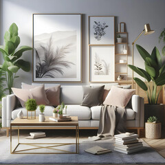 Modern living room with couch, coffee table, flowers, and frame 3D render