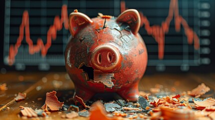 Tight shot on a shattered piggy bank with a financial crisis chart behind - obrazy, fototapety, plakaty
