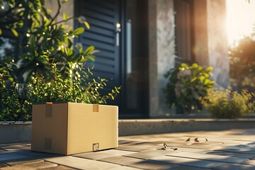 Small cardboard box with wineglass on doorstep by house entrance in morning sun next to bushes - obrazy, fototapety, plakaty